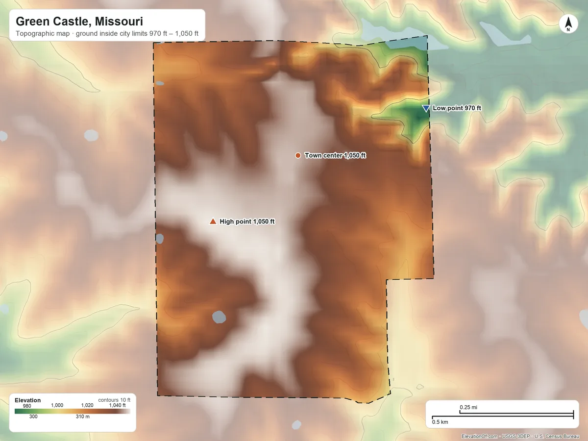 Topographic elevation map of Green Castle, Missouri, shaded from 970 ft on the east side to 1,050 ft on the southwest side