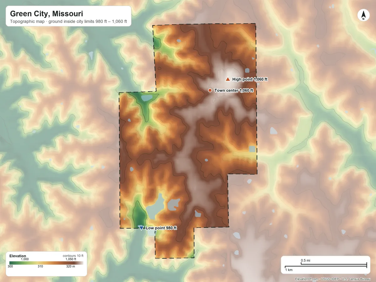 Topographic elevation map of Green City, Missouri, shaded from 980 ft on the southwest side to 1,060 ft near the middle