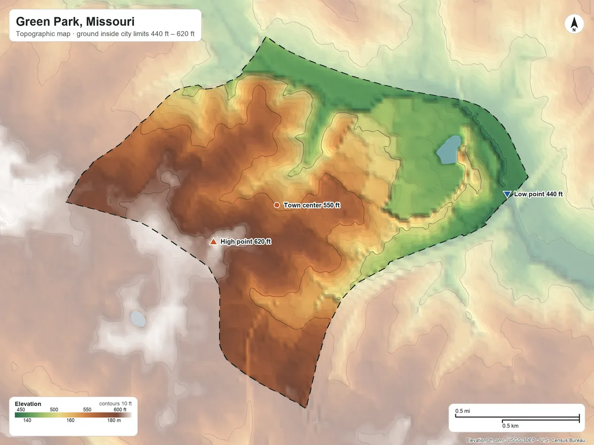 Topographic elevation map of Green Park, Missouri, shaded from 440 ft on the east side to 620 ft on the southwest side