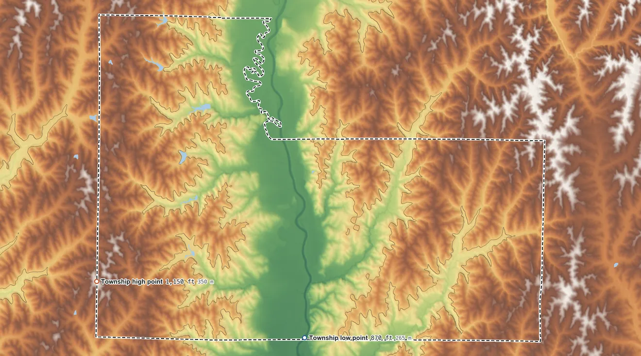 Topographic elevation map of Green Township, Nodaway County, Missouri, shaded from 870 ft on the southwest side to 1,150 ft on the west side