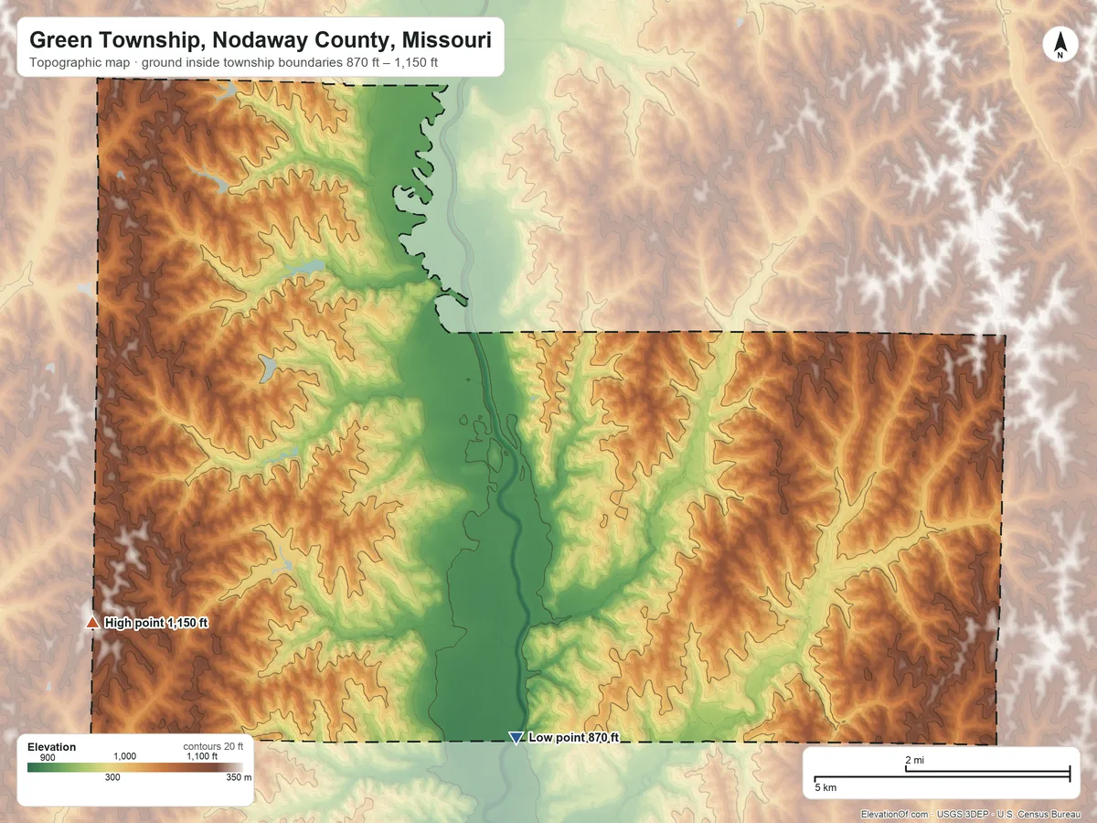 Topographic elevation map of Green Township, Nodaway County, Missouri, shaded from 870 ft on the southwest side to 1,150 ft on the west side