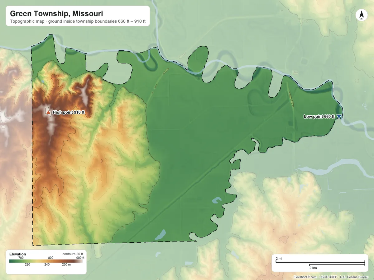 Topographic elevation map of Green Township, Missouri, shaded from 660 ft on the east side to 910 ft on the west side