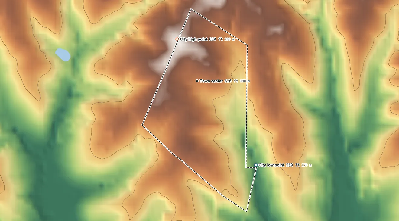Topographic elevation map of Greendale, Missouri, shaded from 550 ft on the southeast side to 650 ft on the northwest side