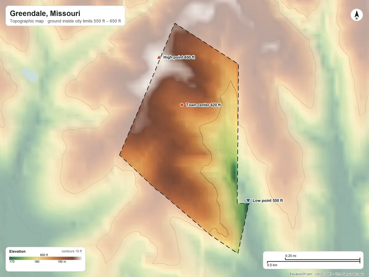 Topographic elevation map of Greendale, Missouri, shaded from 550 ft on the southeast side to 650 ft on the northwest side