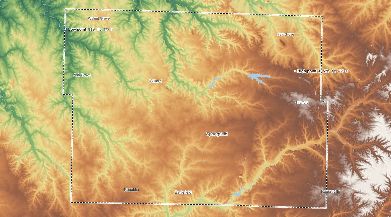 Topographic elevation map of Greene County, Missouri, shaded from 910 ft on the northwest side to 1,520 ft on the east side