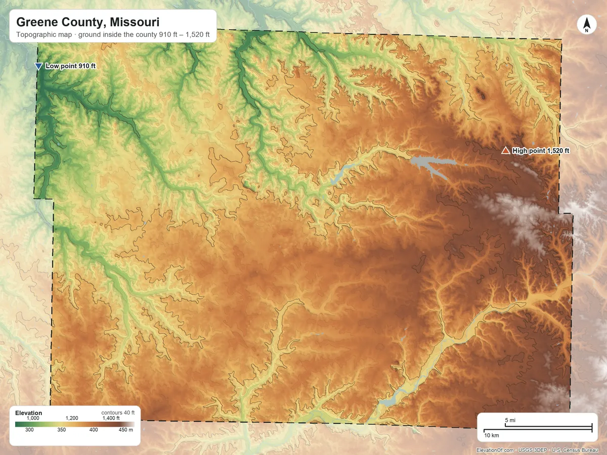 Topographic elevation map of Greene County, Missouri, shaded from 910 ft on the northwest side to 1,520 ft on the east side