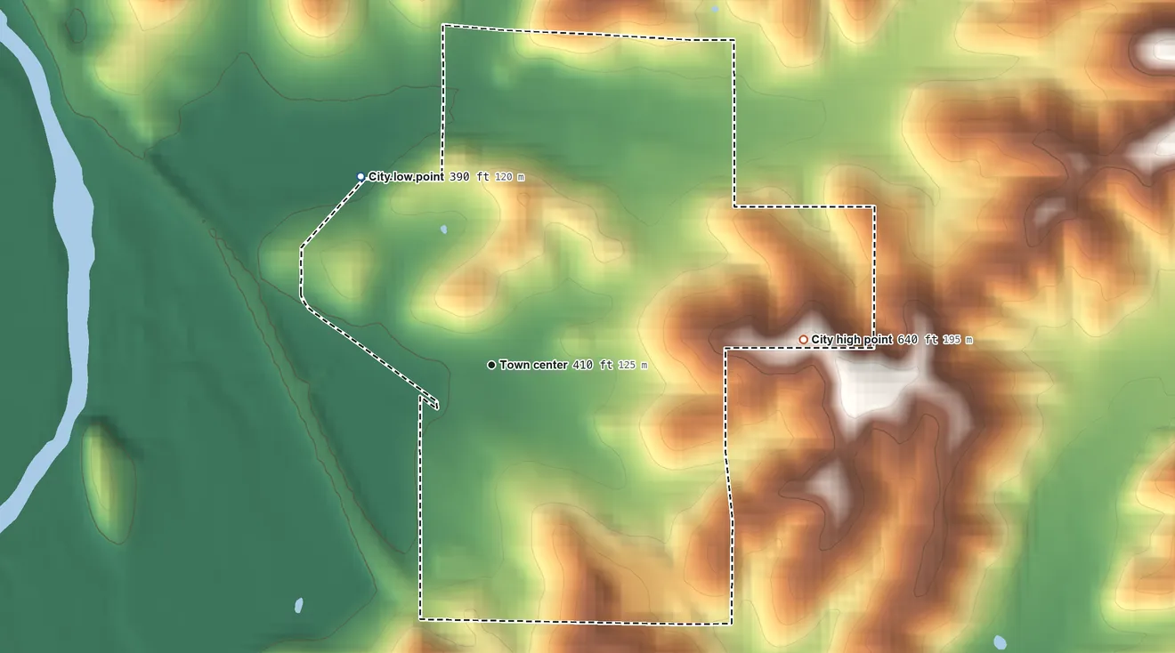 Topographic elevation map of Greenville, Missouri, shaded from 390 ft on the northwest side to 640 ft on the east side