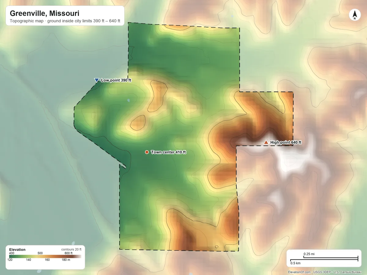 Topographic elevation map of Greenville, Missouri, shaded from 390 ft on the northwest side to 640 ft on the east side