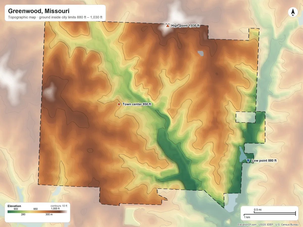 Topographic elevation map of Greenwood, Missouri, shaded from 880 ft on the southeast side to 1,030 ft on the northeast side
