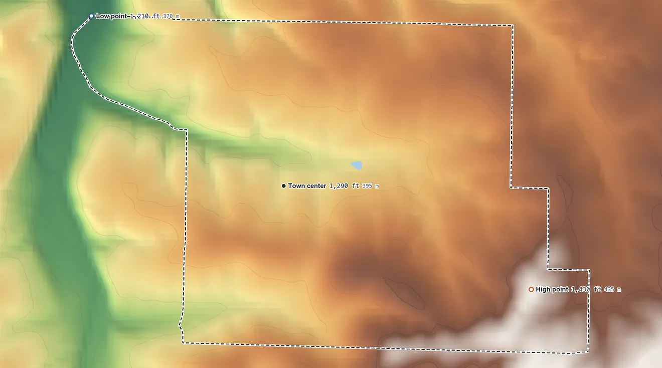 Topographic elevation map of Grovespring, Missouri, shaded from 1,210 ft on the northwest side to 1,430 ft on the southeast side