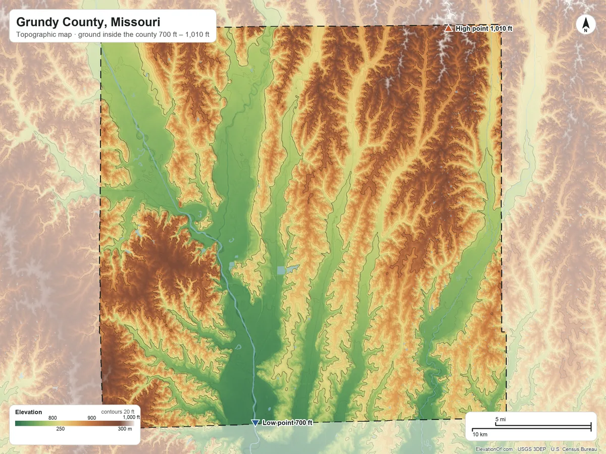 Topographic elevation map of Grundy County, Missouri, shaded from 700 ft on the south side to 1,010 ft on the northeast side