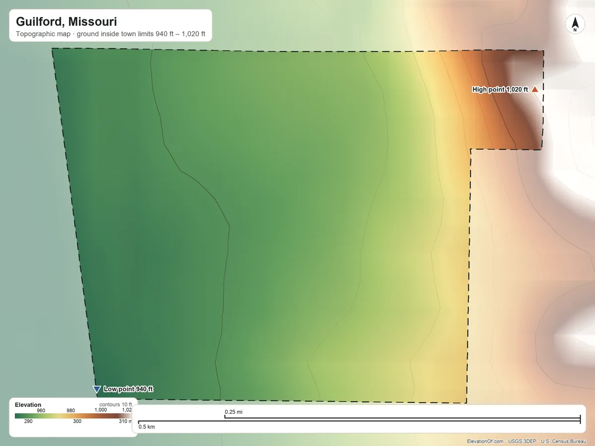 Topographic elevation map of Guilford, Missouri, shaded from 940 ft on the southwest side to 1,020 ft on the northeast side