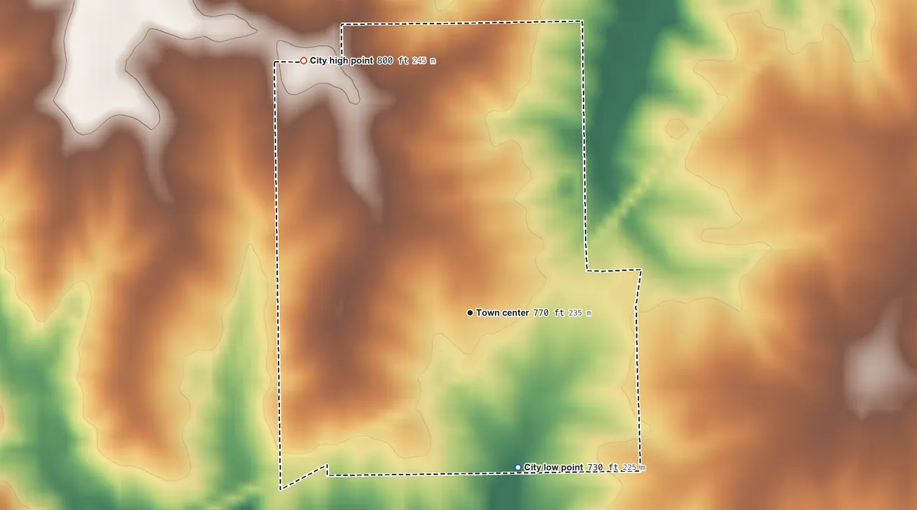 Topographic elevation map of Hale, Missouri, shaded from 730 ft on the south side to 800 ft on the northwest side