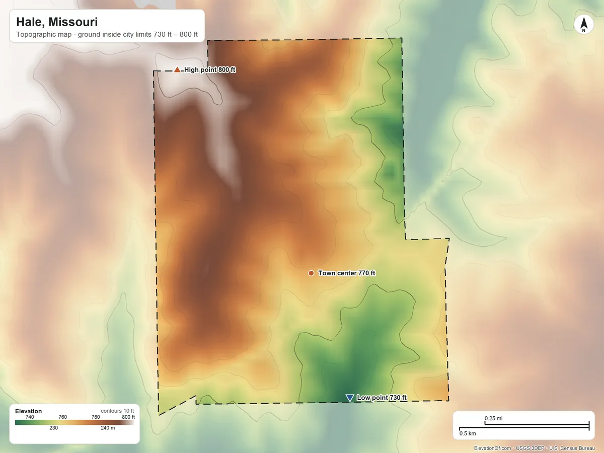 Topographic elevation map of Hale, Missouri, shaded from 730 ft on the south side to 800 ft on the northwest side