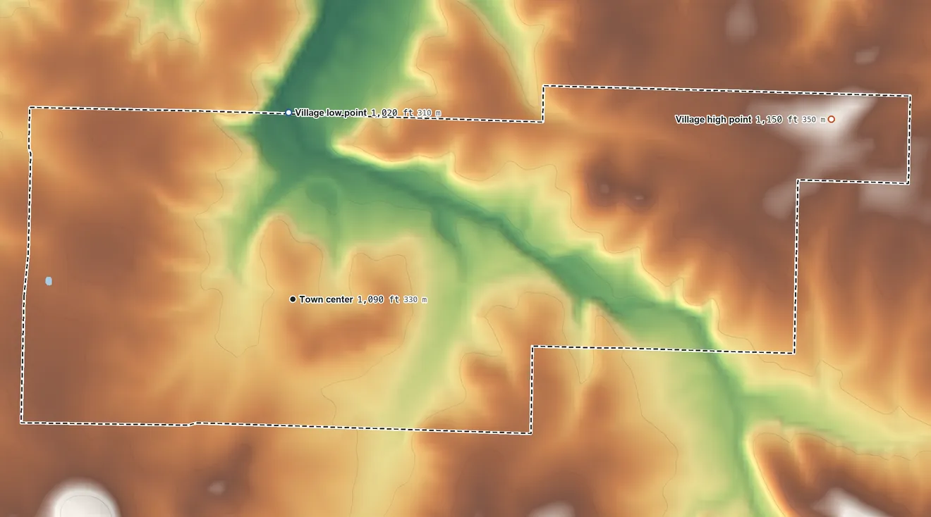 Topographic elevation map of Halfway, Missouri, shaded from 1,020 ft on the north side to 1,150 ft on the east side