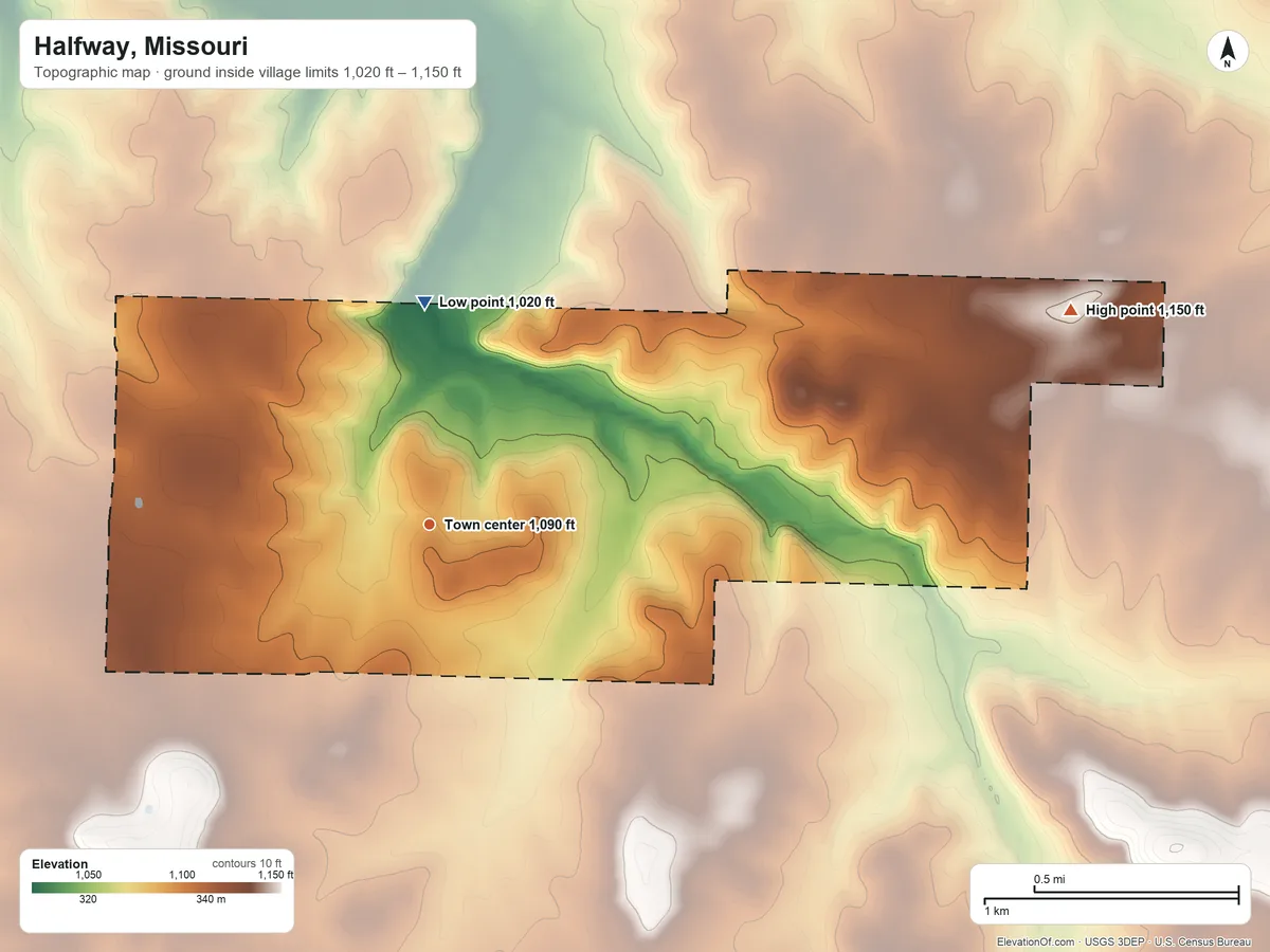 Topographic elevation map of Halfway, Missouri, shaded from 1,020 ft on the north side to 1,150 ft on the east side