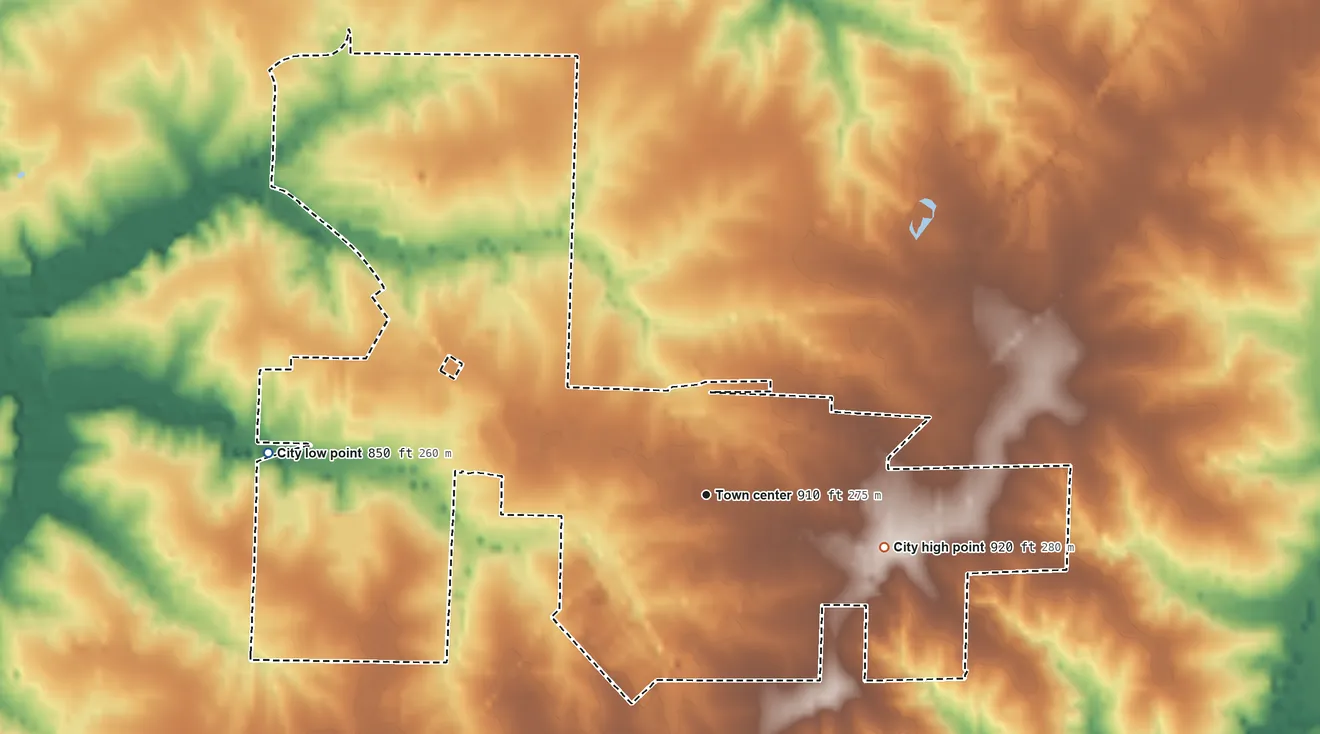 Topographic elevation map of Hallsville, Missouri, shaded from 850 ft on the west side to 920 ft on the east side