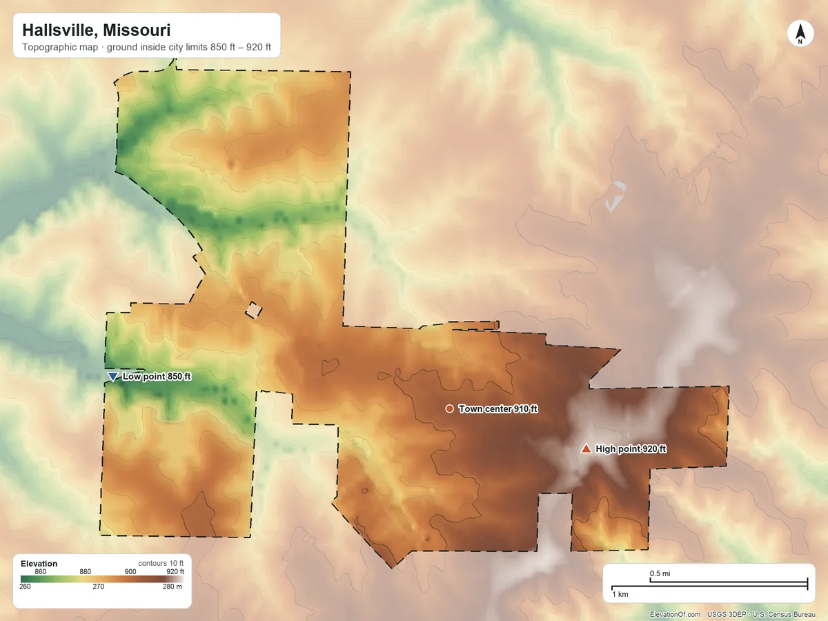 Topographic elevation map of Hallsville, Missouri, shaded from 850 ft on the west side to 920 ft on the east side