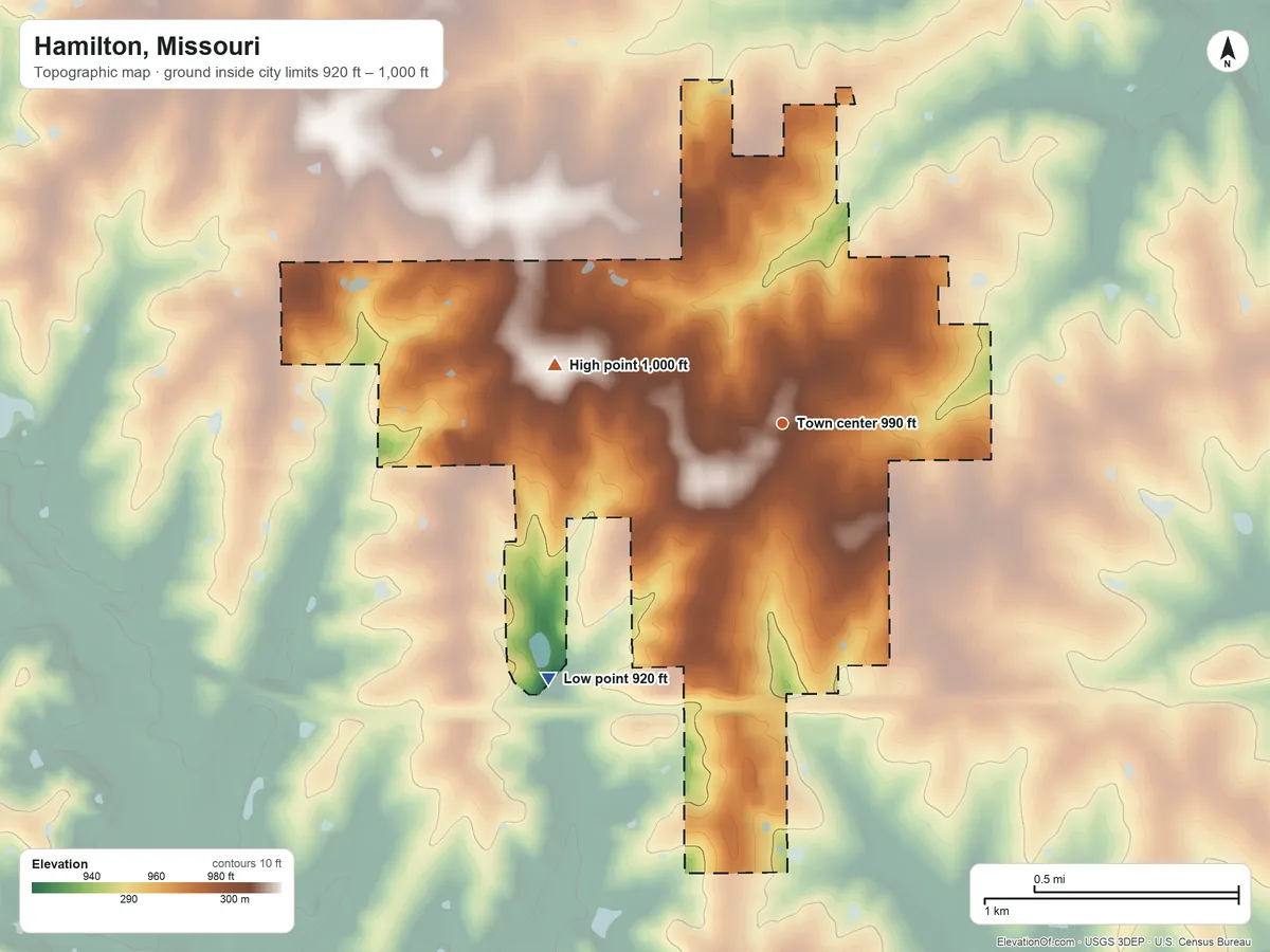 Topographic elevation map of Hamilton, Missouri, shaded from 920 ft on the southwest side to 1,000 ft on the west side