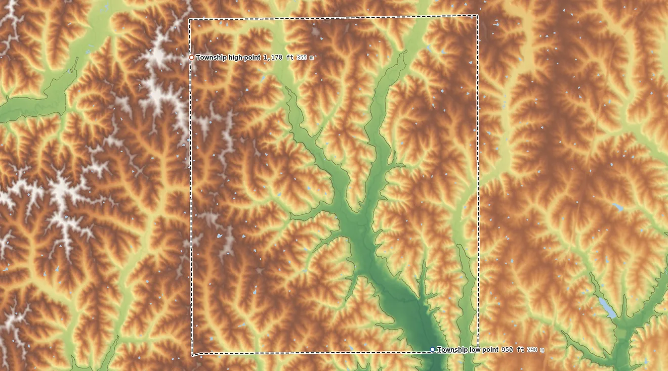 Topographic elevation map of Hamilton Township, Harrison County, Missouri, shaded from 950 ft on the southeast side to 1,170 ft on the northwest side