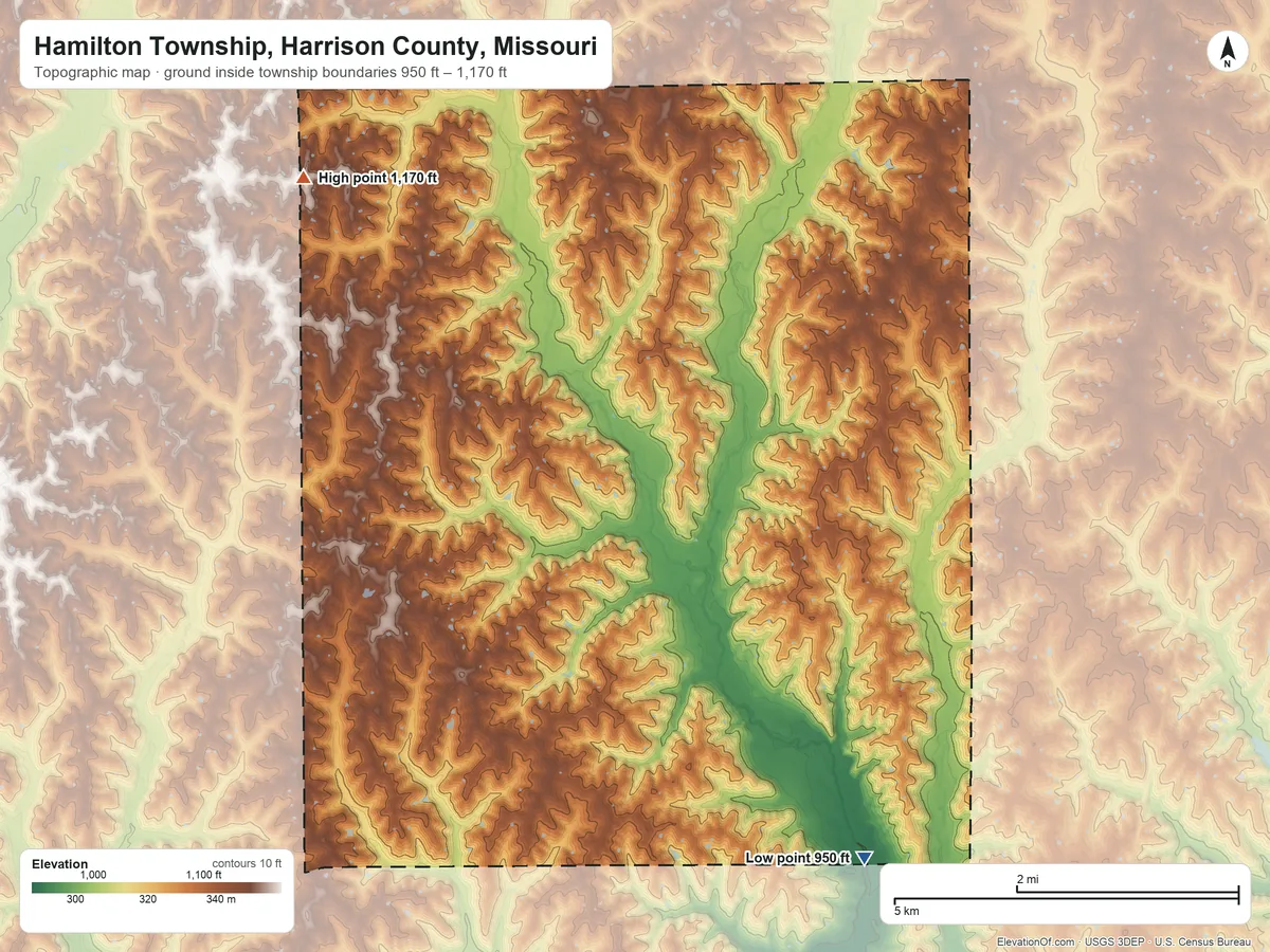 Topographic elevation map of Hamilton Township, Harrison County, Missouri, shaded from 950 ft on the southeast side to 1,170 ft on the northwest side