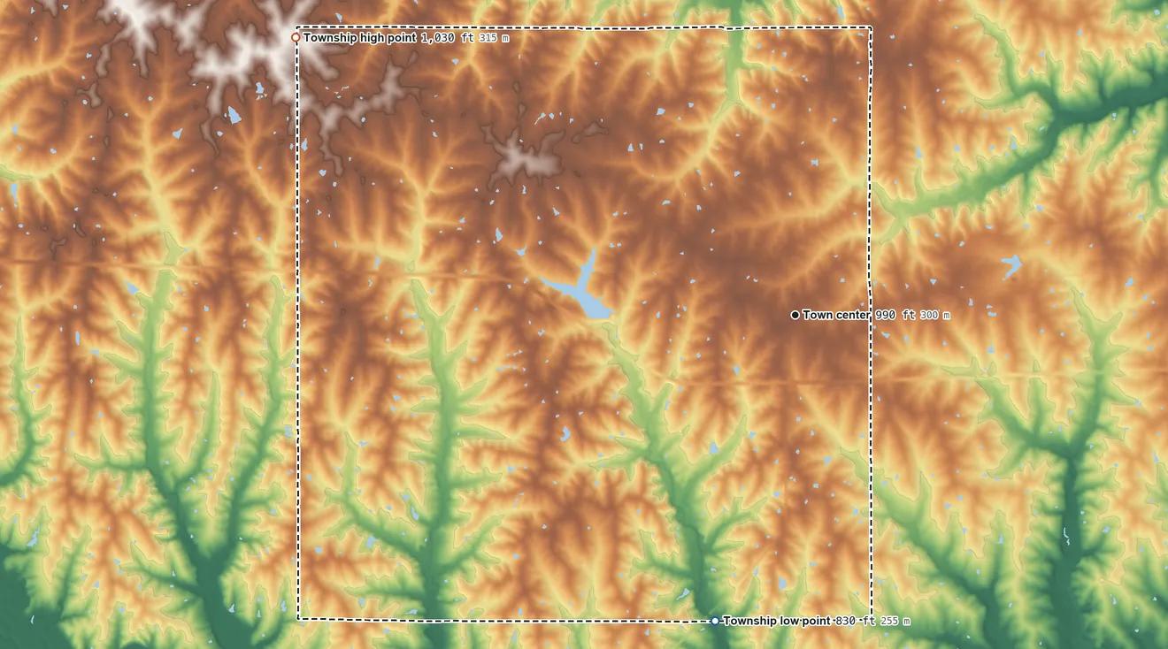 Topographic elevation map of Hamilton Township, Missouri, shaded from 830 ft on the south side to 1,030 ft on the northwest side