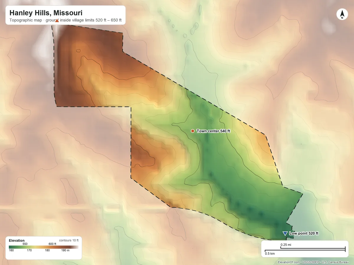 Topographic elevation map of Hanley Hills, Missouri, shaded from 520 ft on the southeast side to 650 ft on the northwest side