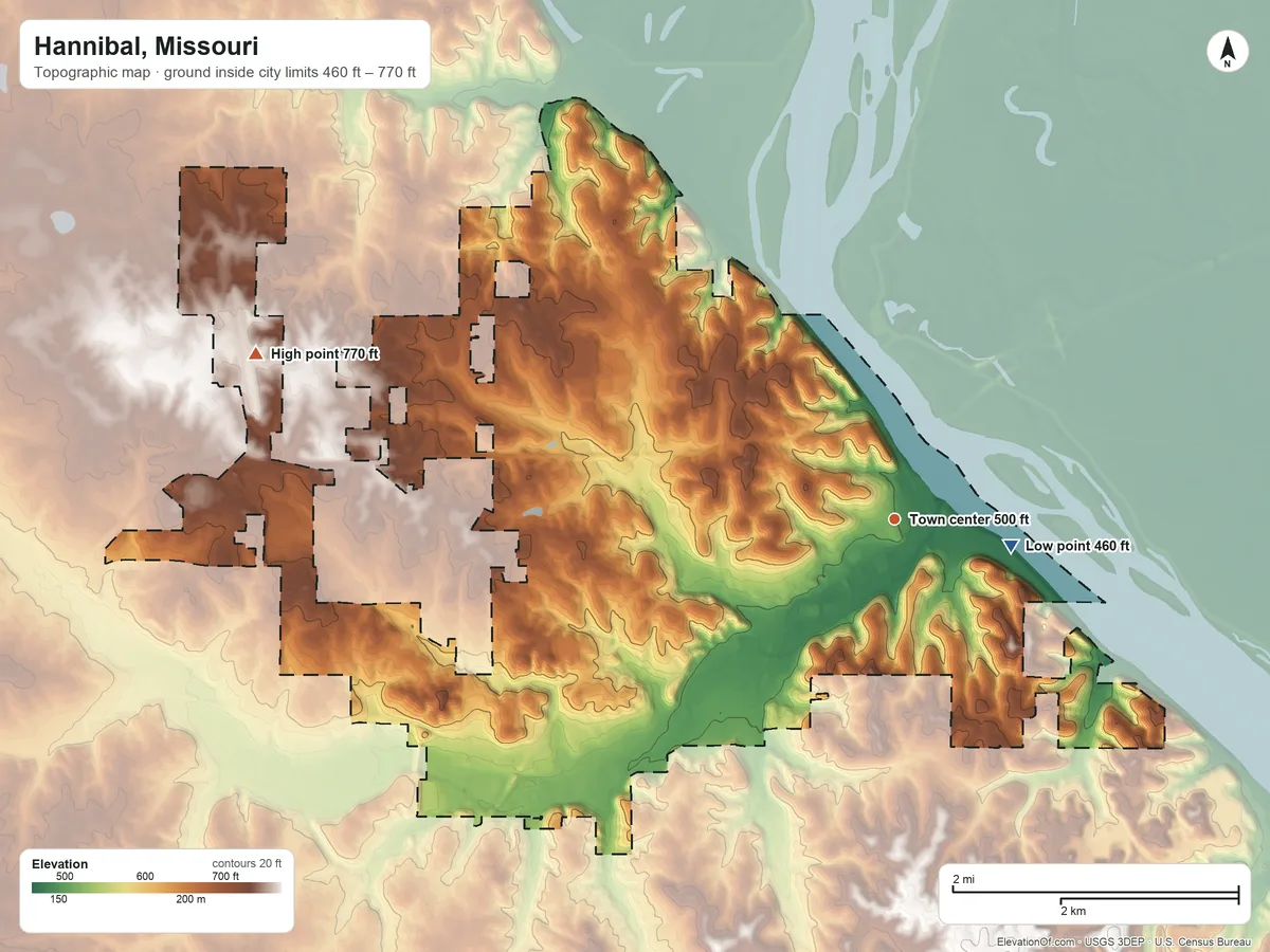 Topographic elevation map of Hannibal, Missouri, shaded from 460 ft near the middle to 770 ft on the west side