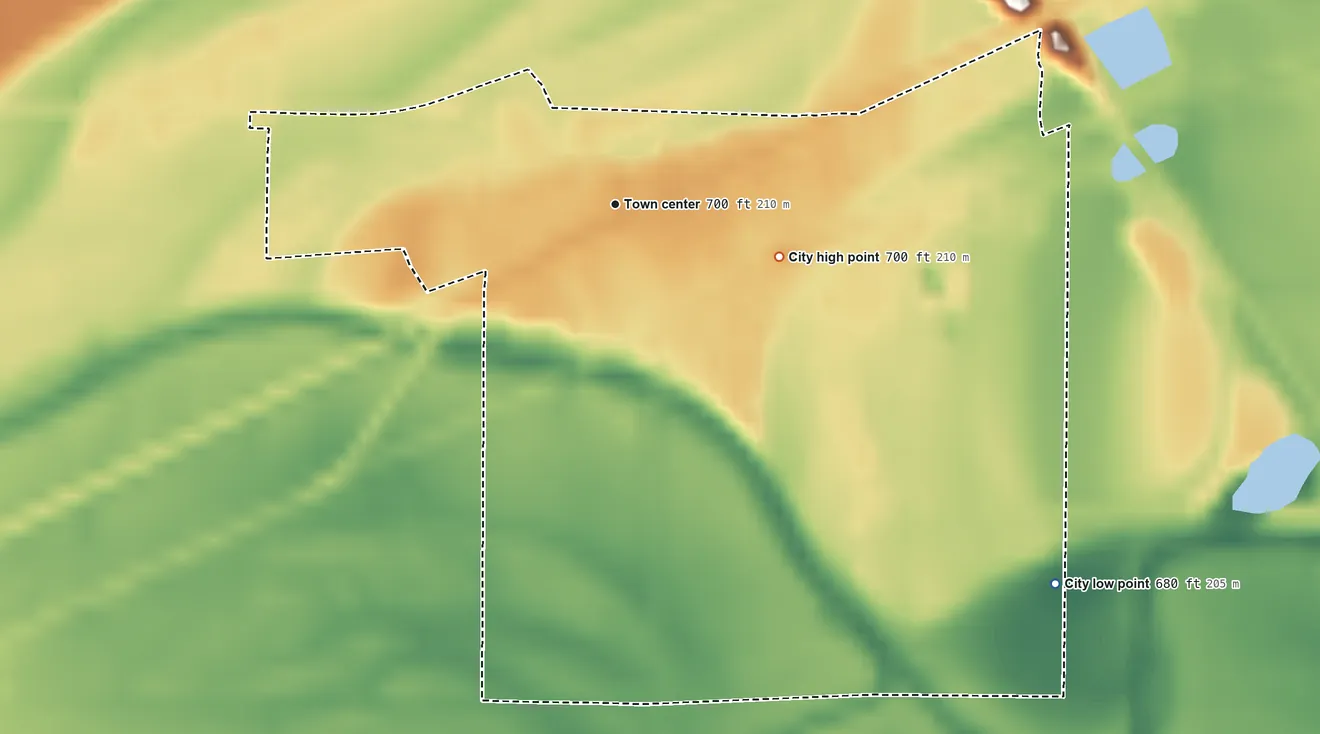 Topographic elevation map of Hardin, Missouri, shaded from 680 ft on the southeast side to 700 ft on the east side