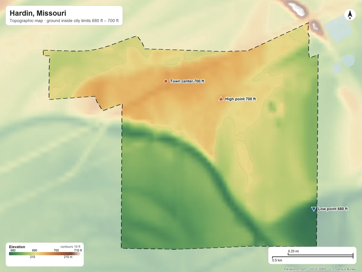 Topographic elevation map of Hardin, Missouri, shaded from 680 ft on the southeast side to 700 ft on the east side