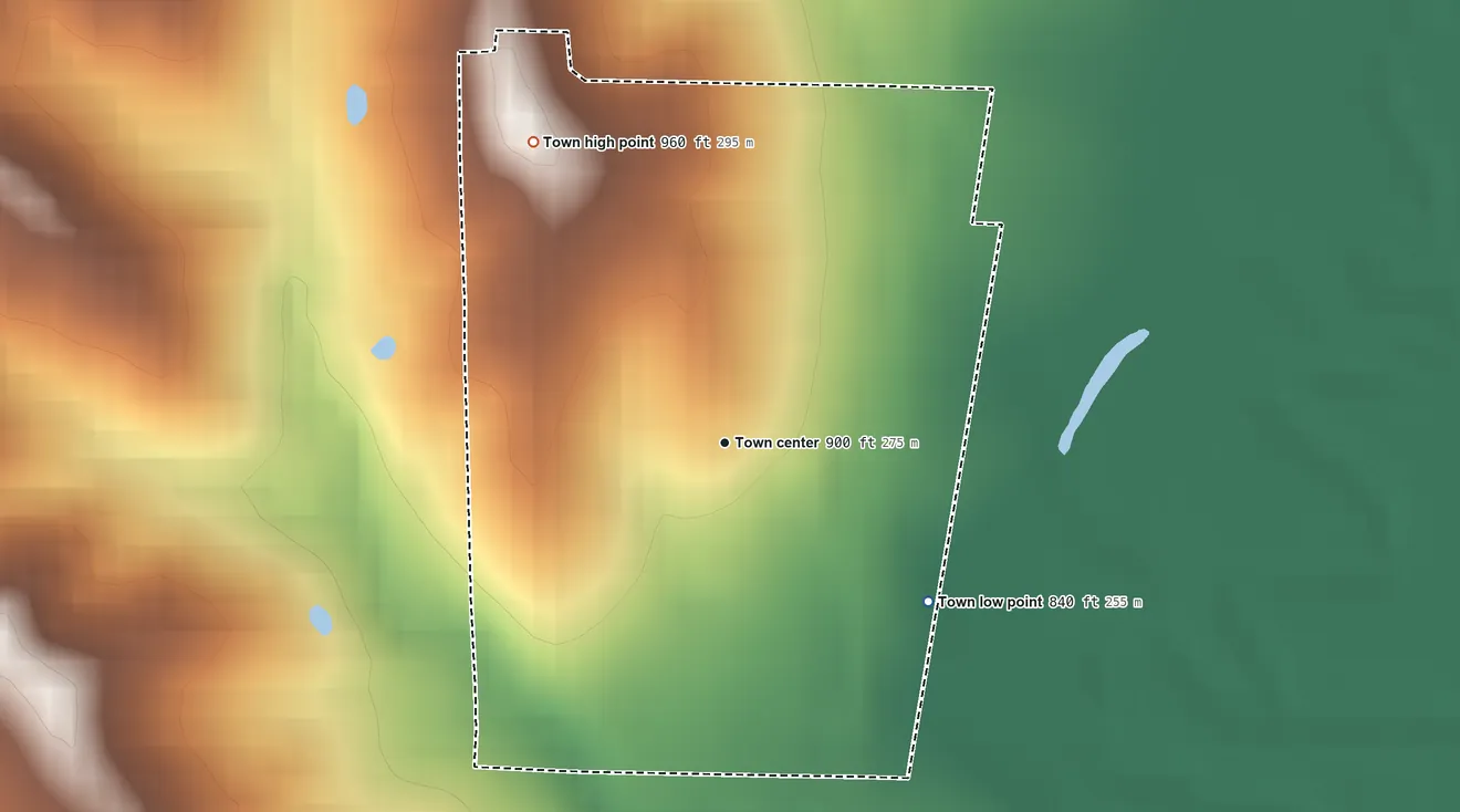 Topographic elevation map of Harris, Missouri, shaded from 840 ft on the southeast side to 960 ft on the northwest side