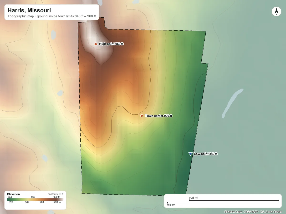 Topographic elevation map of Harris, Missouri, shaded from 840 ft on the southeast side to 960 ft on the northwest side
