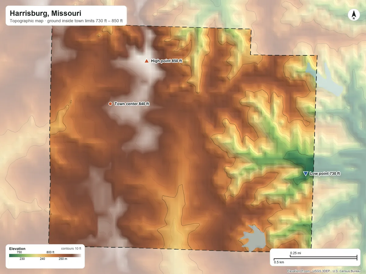 Topographic elevation map of Harrisburg, Missouri, shaded from 730 ft on the east side to 850 ft on the northeast side