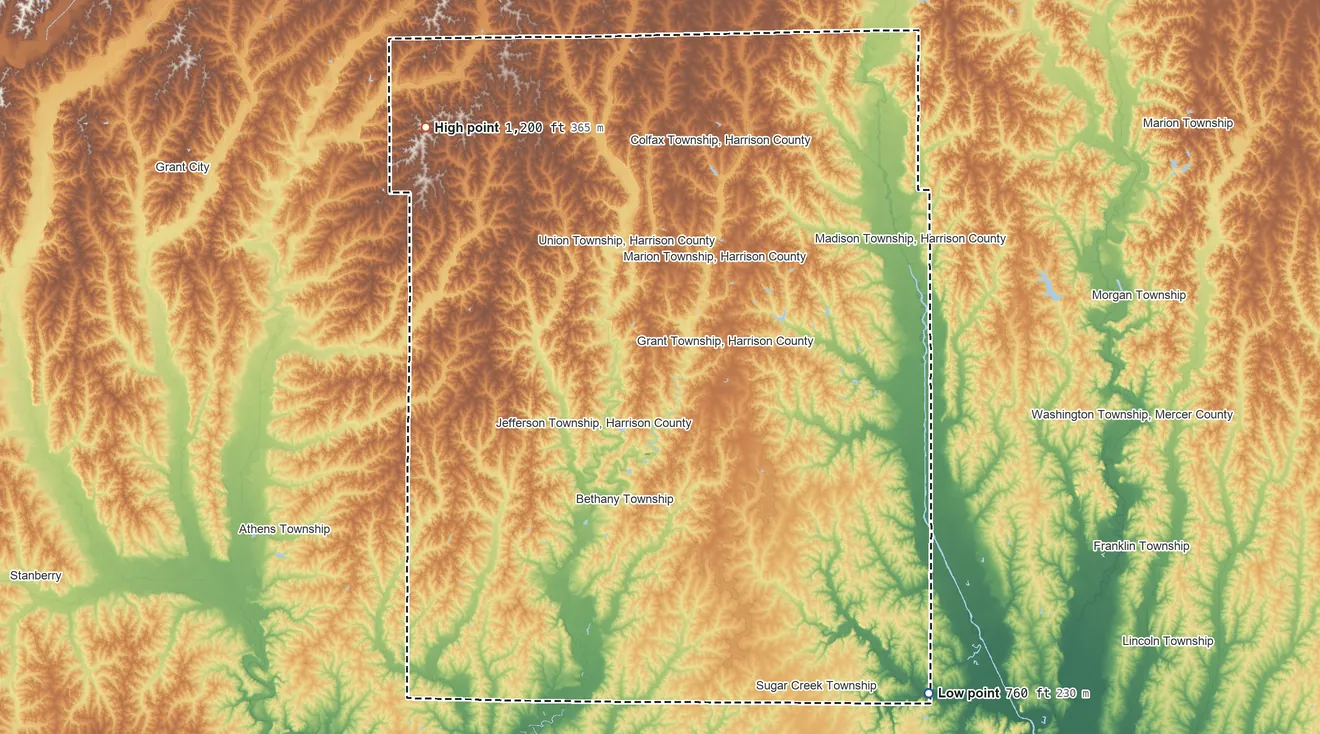 Topographic elevation map of Harrison County, Missouri, shaded from 760 ft on the southeast side to 1,200 ft on the northwest side