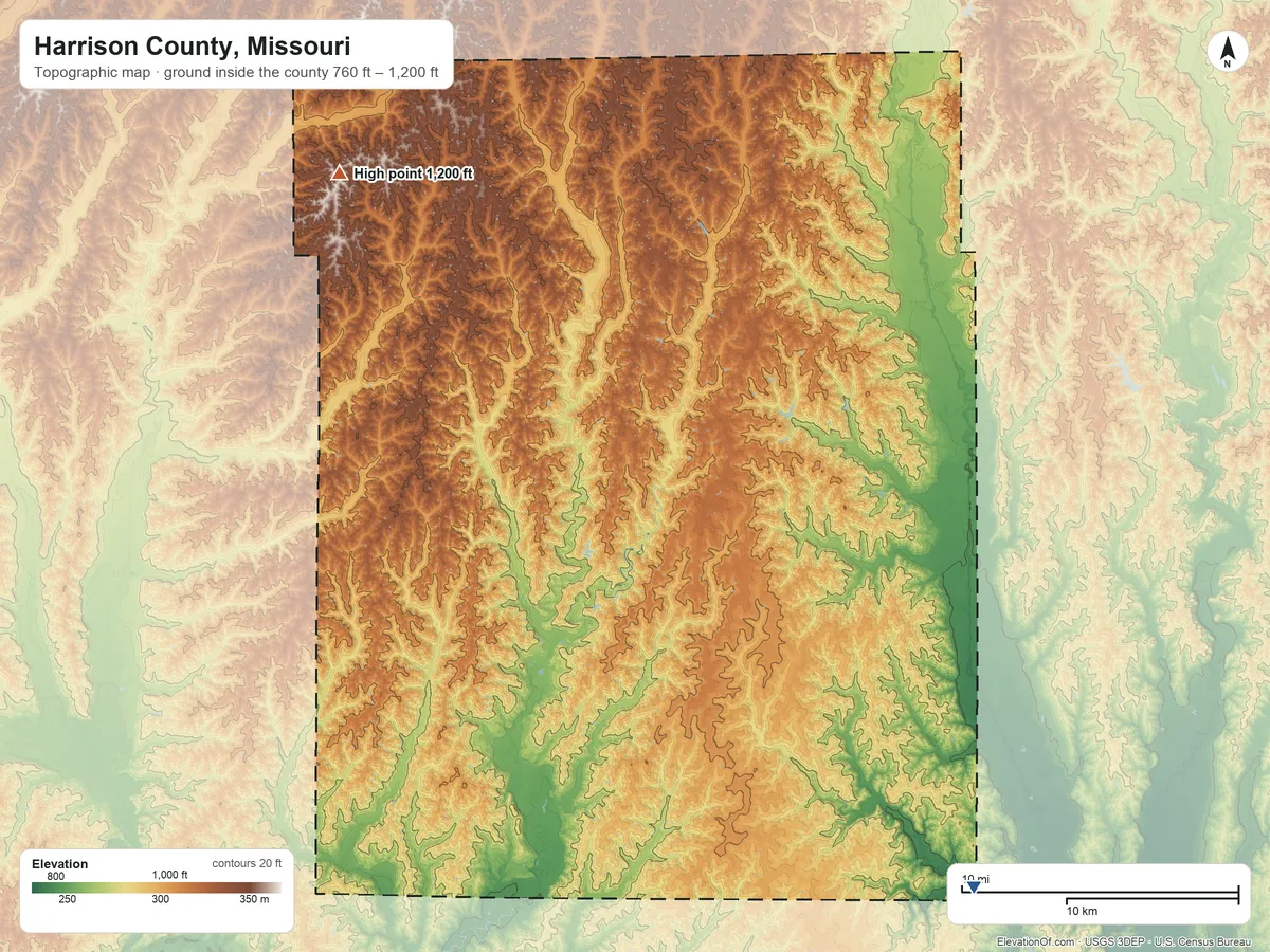 Topographic elevation map of Harrison County, Missouri, shaded from 760 ft on the southeast side to 1,200 ft on the northwest side