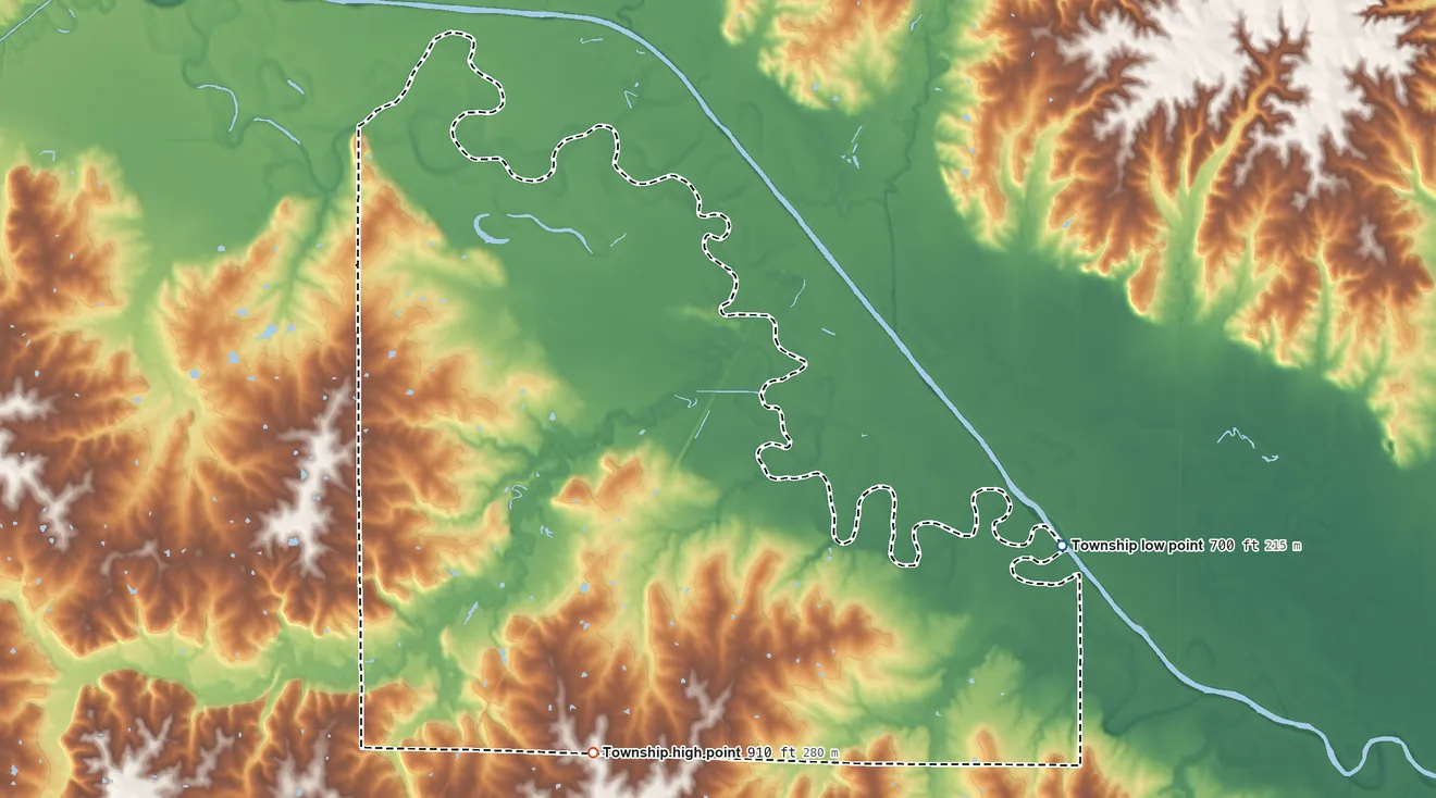 Topographic elevation map of Harrison Township, Daviess County, Missouri, shaded from 700 ft on the east side to 910 ft on the south side