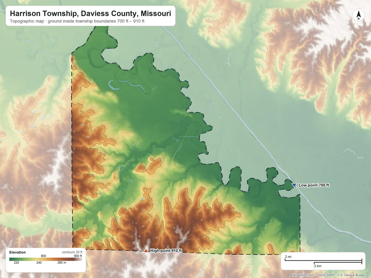 Topographic elevation map of Harrison Township, Daviess County, Missouri, shaded from 700 ft on the east side to 910 ft on the south side
