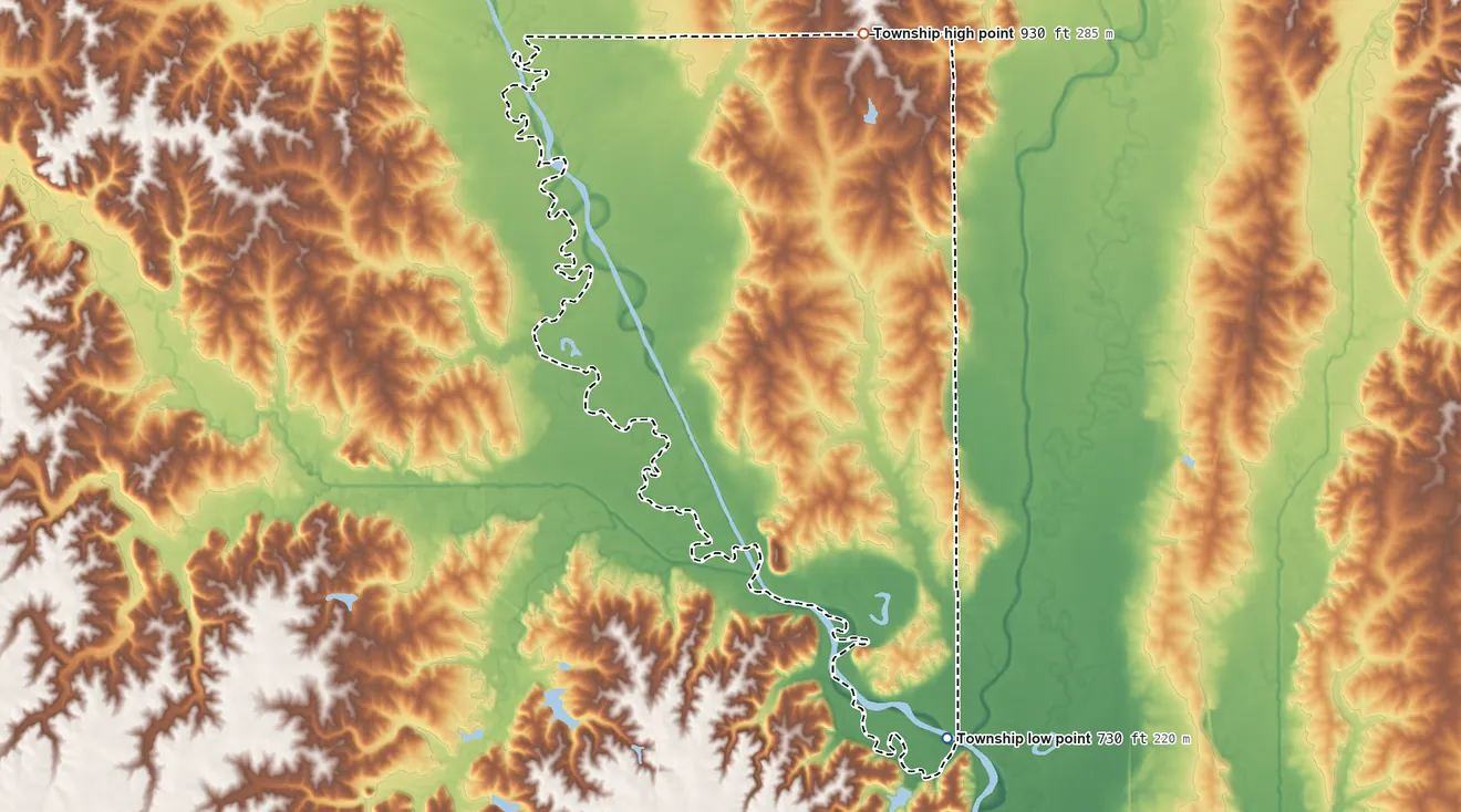 Topographic elevation map of Harrison Township, Grundy County, Missouri, shaded from 730 ft on the south side to 930 ft on the north side