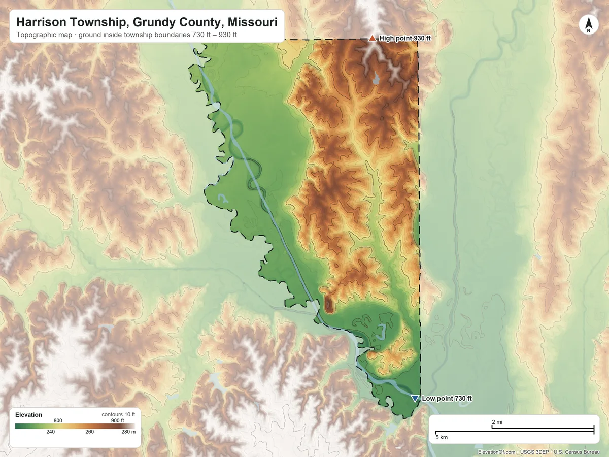 Topographic elevation map of Harrison Township, Grundy County, Missouri, shaded from 730 ft on the south side to 930 ft on the north side