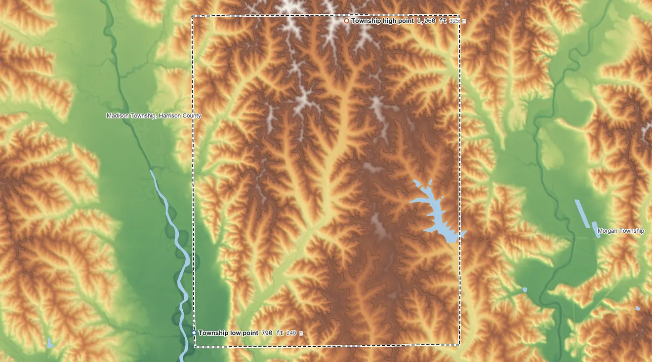 Topographic elevation map of Harrison Township, Mercer County, Missouri, shaded from 790 ft on the southwest side to 1,060 ft on the north side