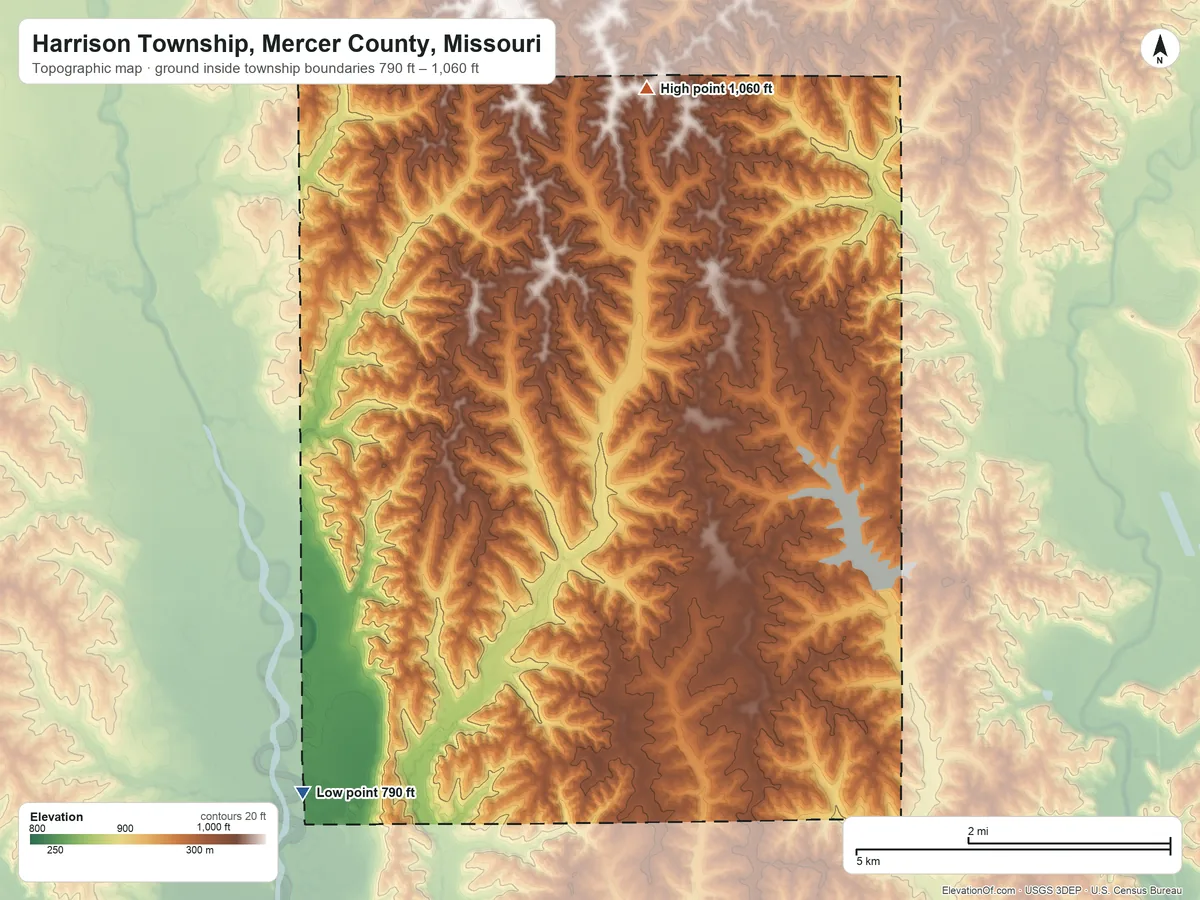 Topographic elevation map of Harrison Township, Mercer County, Missouri, shaded from 790 ft on the southwest side to 1,060 ft on the north side