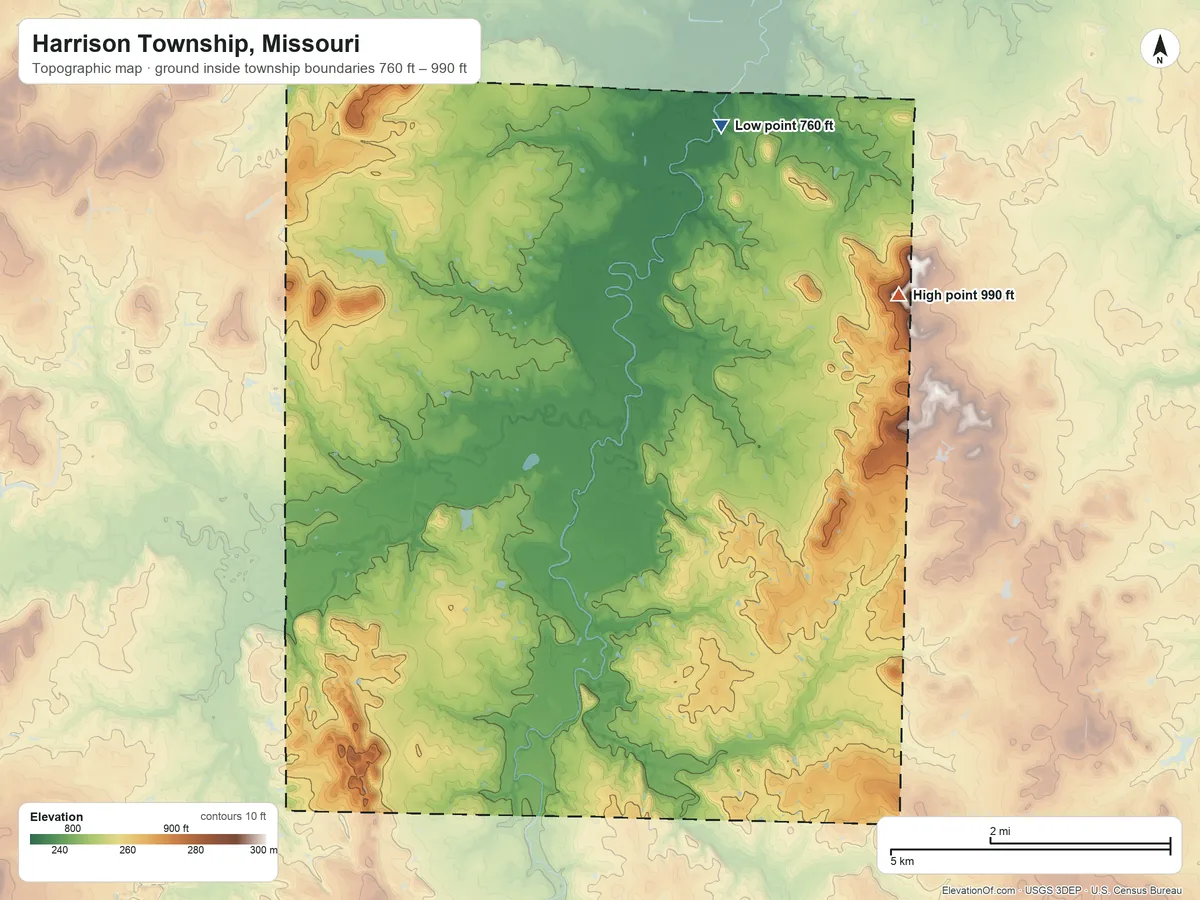Topographic elevation map of Harrison Township, Missouri, shaded from 760 ft on the north side to 990 ft on the northeast side