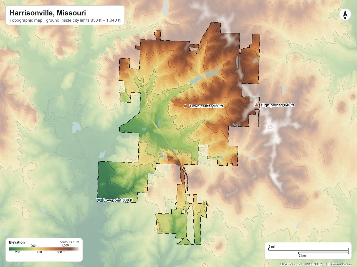 Topographic elevation map of Harrisonville, Missouri, shaded from 830 ft on the southwest side to 1,040 ft on the east side