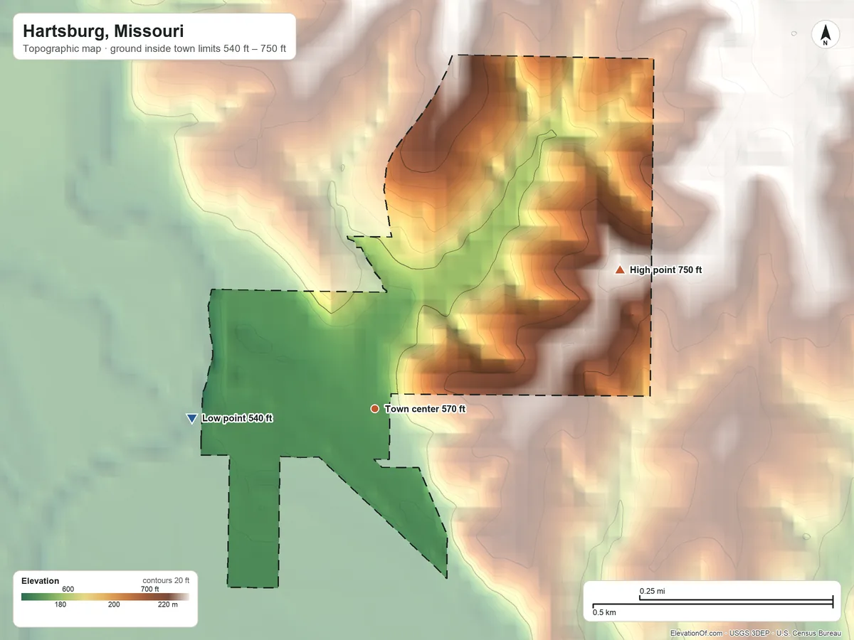 Topographic elevation map of Hartsburg, Missouri, shaded from 540 ft on the west side to 750 ft on the northeast side