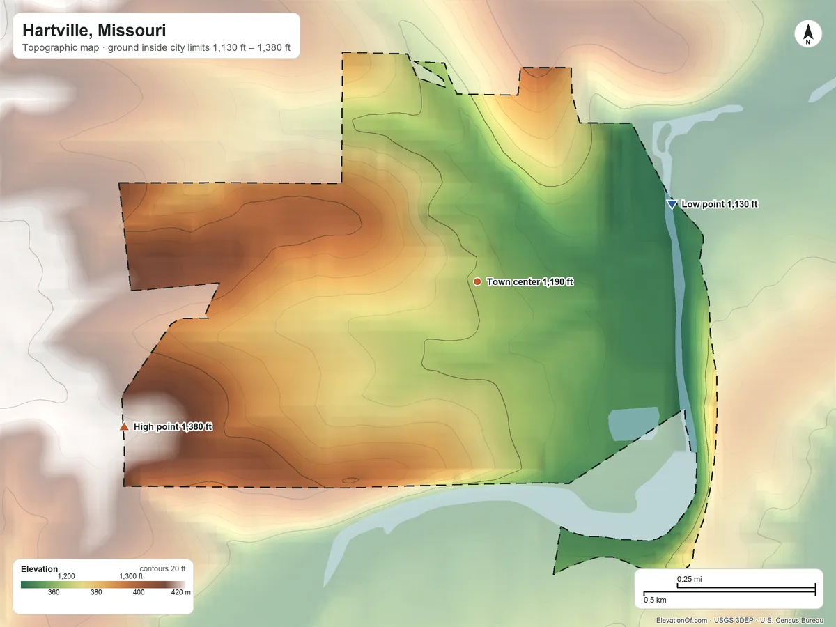 Topographic elevation map of Hartville, Missouri, shaded from 1,130 ft on the east side to 1,380 ft on the west side