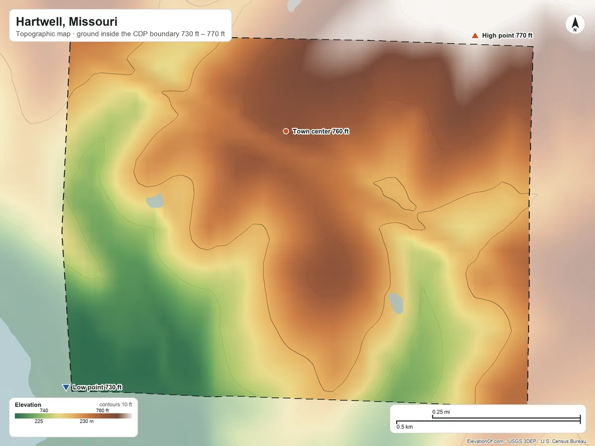Topographic elevation map of Hartwell, Missouri, shaded from 730 ft on the southwest side to 770 ft on the northeast side