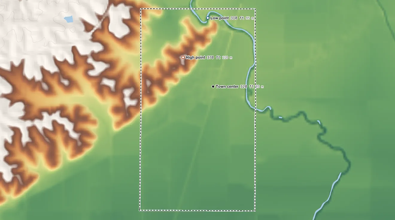 Topographic elevation map of Harviell, Missouri, shaded from 310 ft on the north side to 370 ft on the northwest side