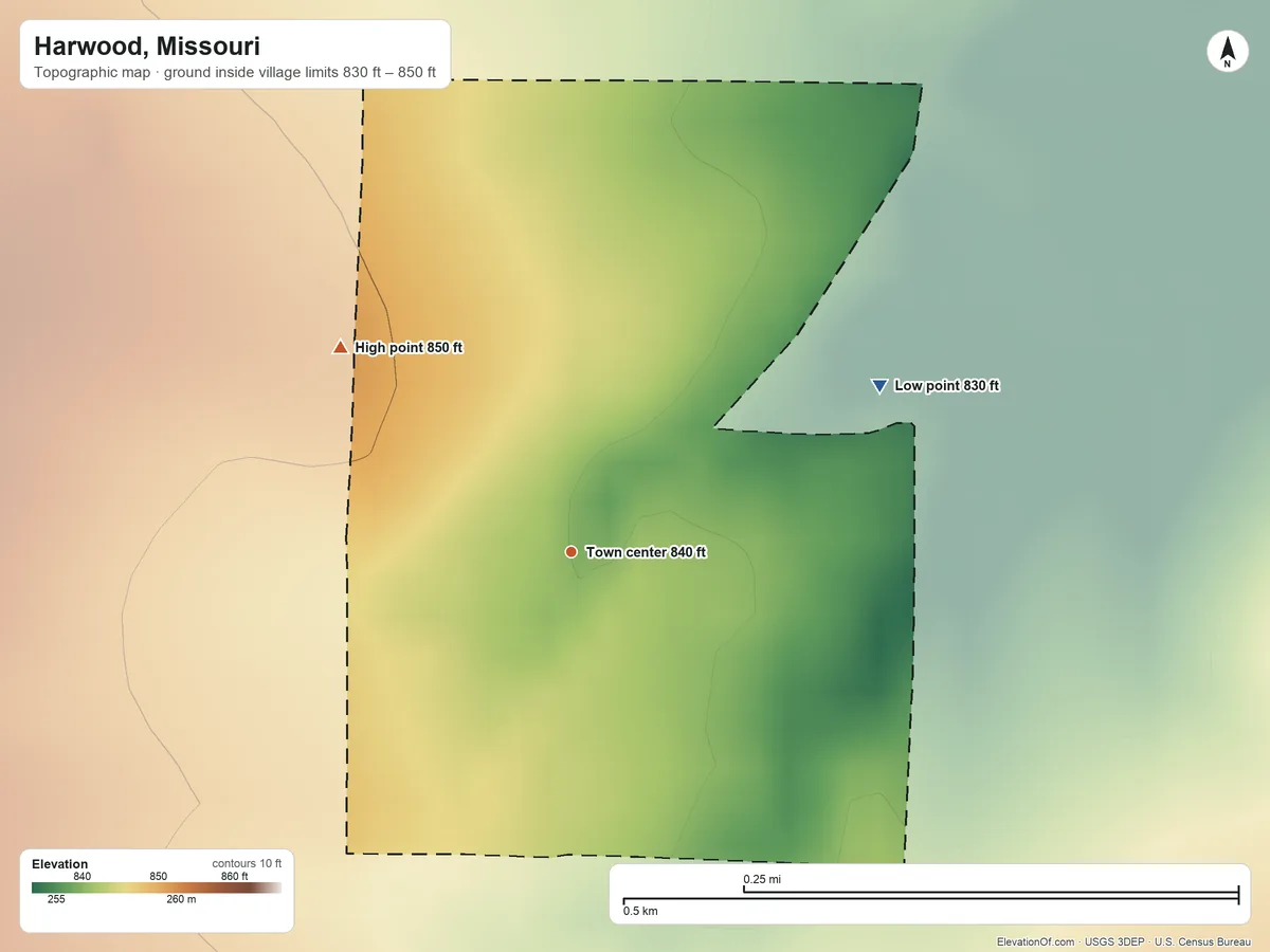 Topographic elevation map of Harwood, Missouri, shaded from 830 ft on the northeast side to 850 ft on the northwest side