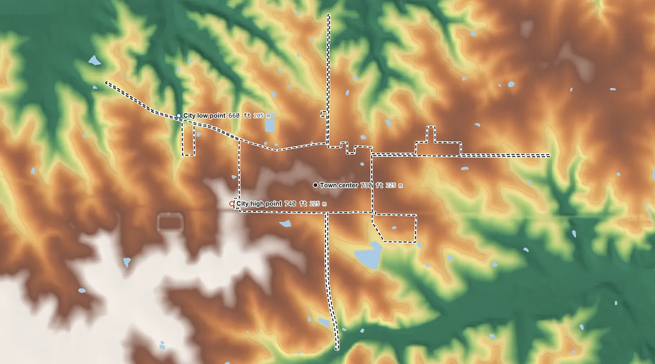 Topographic elevation map of Hawk Point, Missouri, shaded from 660 ft on the northwest side to 740 ft on the west side