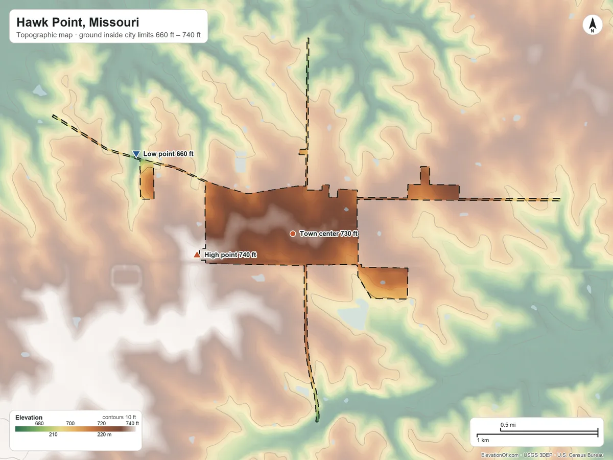 Topographic elevation map of Hawk Point, Missouri, shaded from 660 ft on the northwest side to 740 ft on the west side